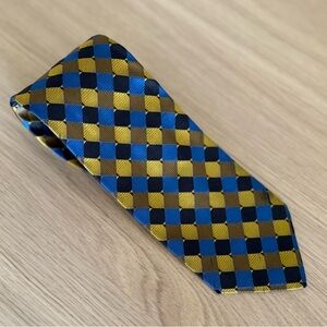 Emanuel Ungaro Necktie Gold Blue Black Diamond Print 100% Silk Vintage
